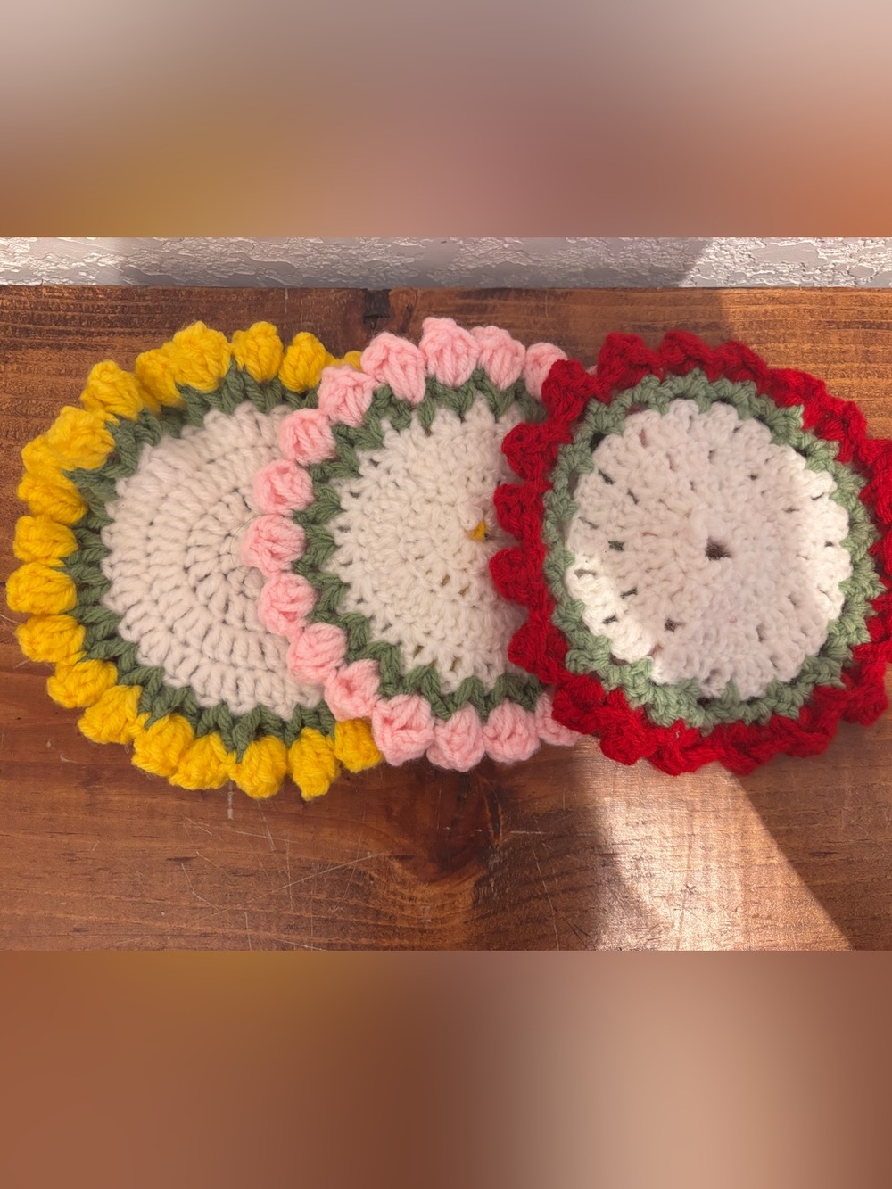 Handmade Kids Crochet Round Coasters/Boquet - White with Pink, Red & Yellow Trim